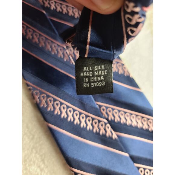 Breast Cancer Awareness blue stripe pink ribbon silk tie - Picture 4 of 5